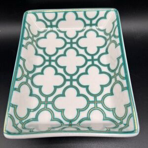 I. Godinger & Co. Trinket Jewelry Dish Tray Rectangle White W/ Teal & Gold